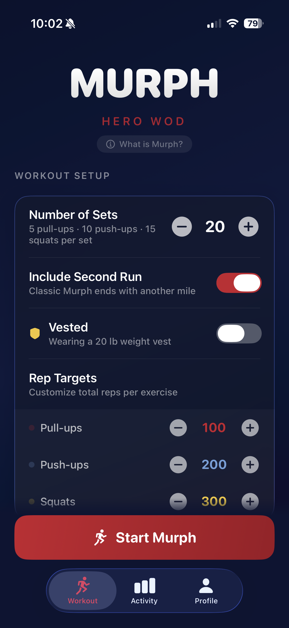 Murph Mate app — workout setup screen
